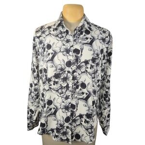 Mens XL Skull Floral Graphic Button Up Shirt Long Sleeve Black White Gothic